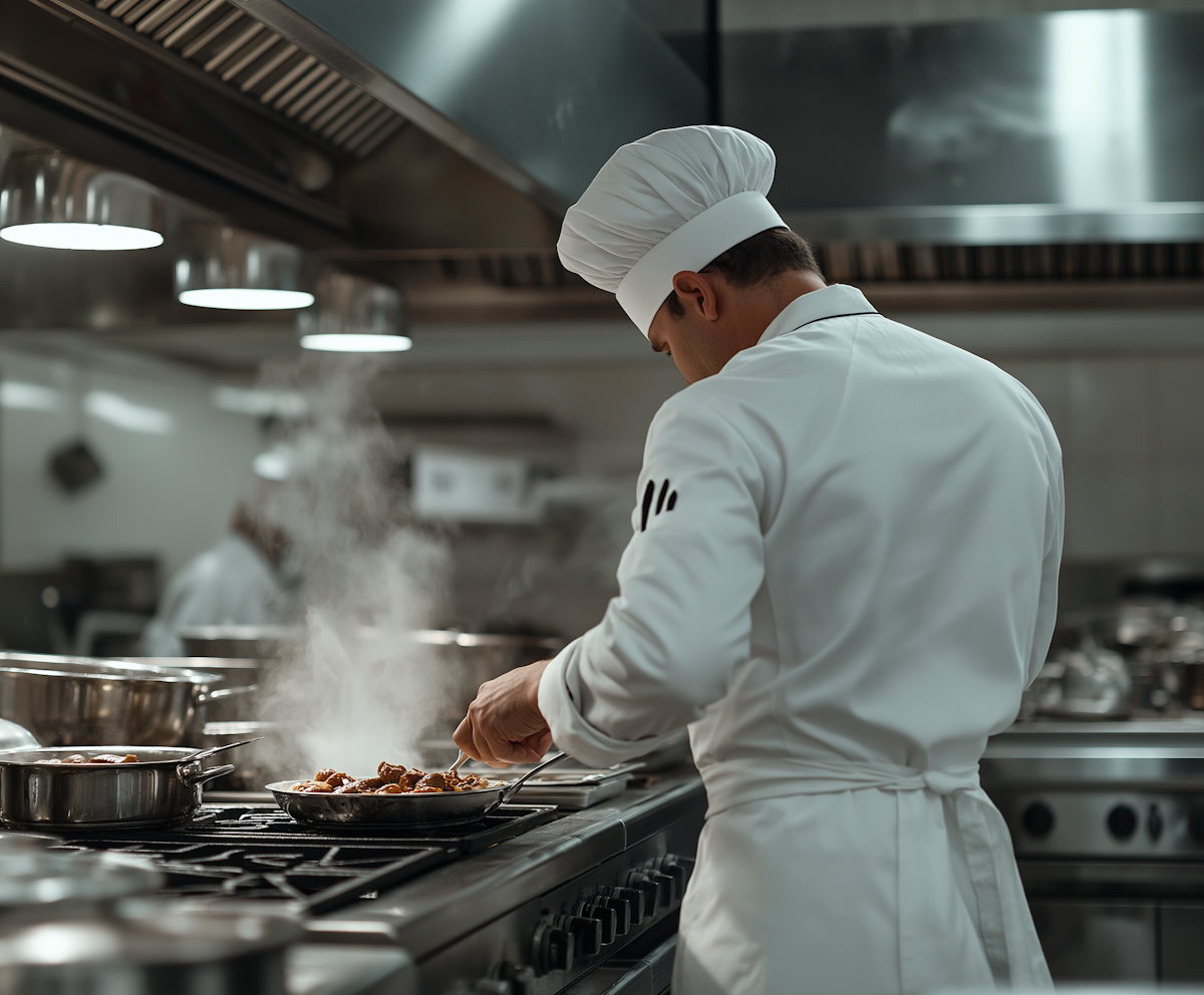 Chef working in a commercial kitchen with funded restaurant equipment