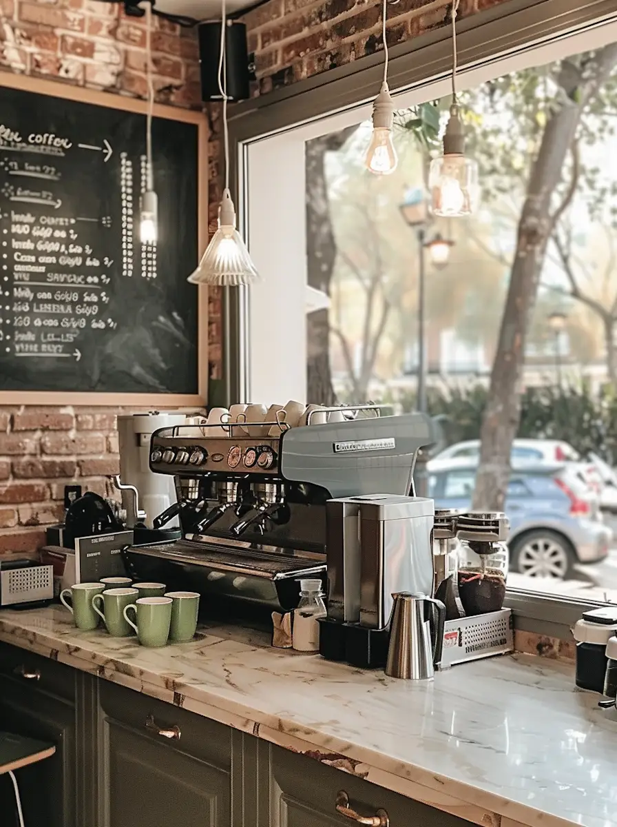 Commercial coffee machine setup ready for busy cafe service