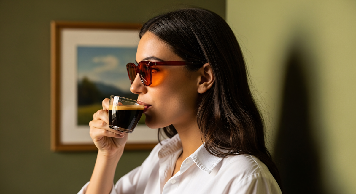 Cafe customer sipping espresso beside commercial coffee equipment