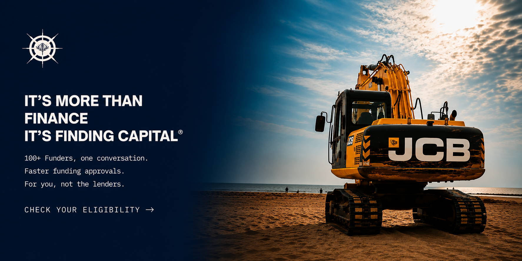 Finding Capital construction finance message beside a JCB excavator on site