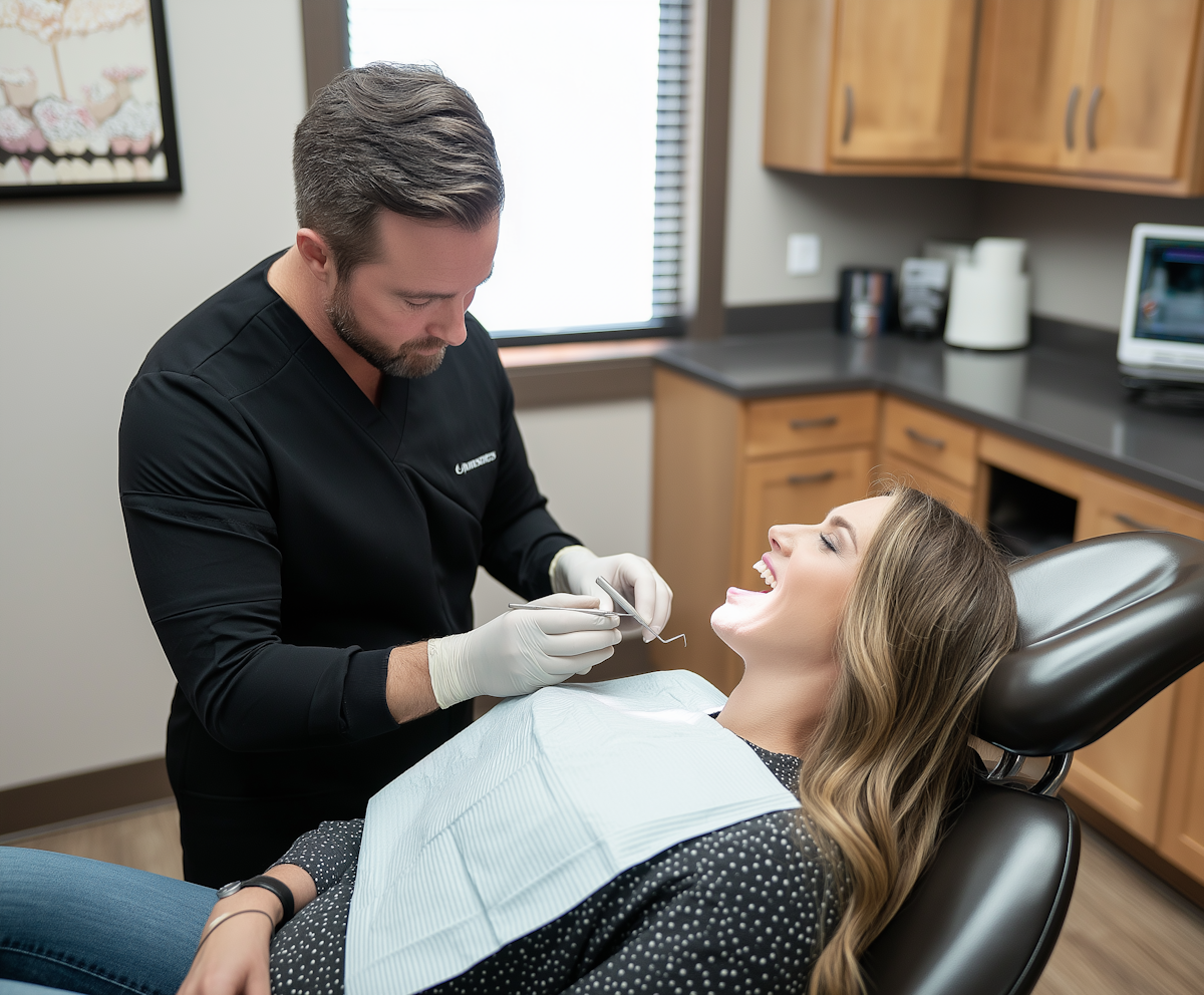 Dentist treating a patient using modern dental equipment in surgery