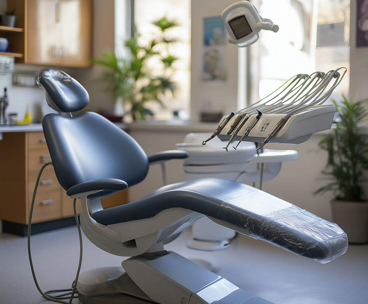 Modern dental clinic interior with treatment chair and clinical equipment