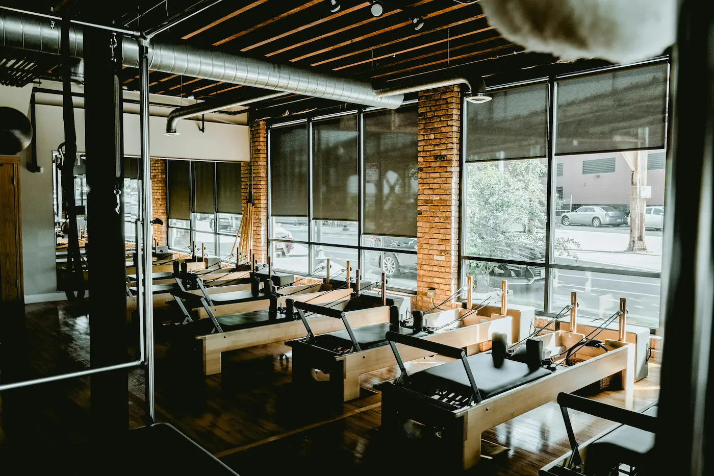 Fitness studio interior with commercial gym equipment