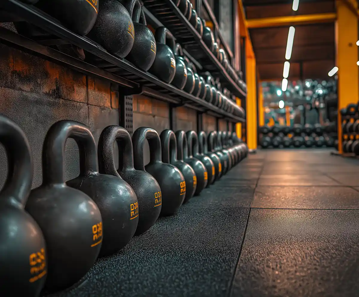 Rows of kettlebells and free weights ready for gym refurbishment finance