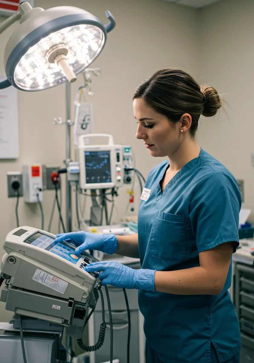 Medical professional working with clinical equipment in a treatment environment