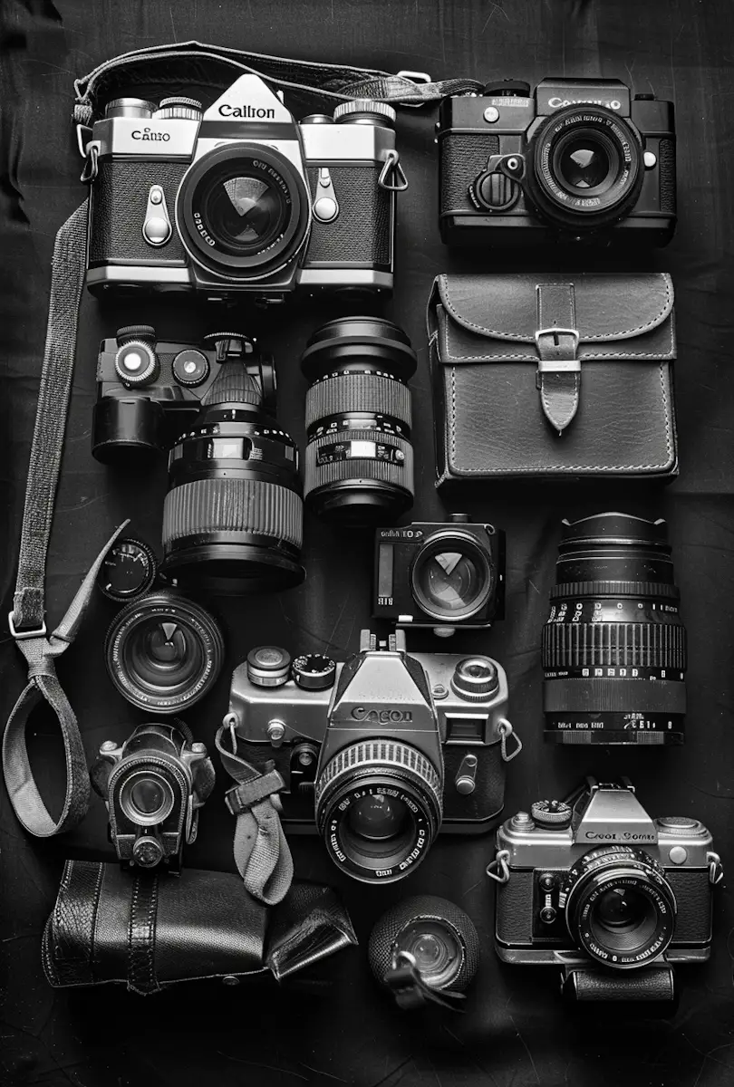 Camera bodies, lenses and photography equipment flat lay