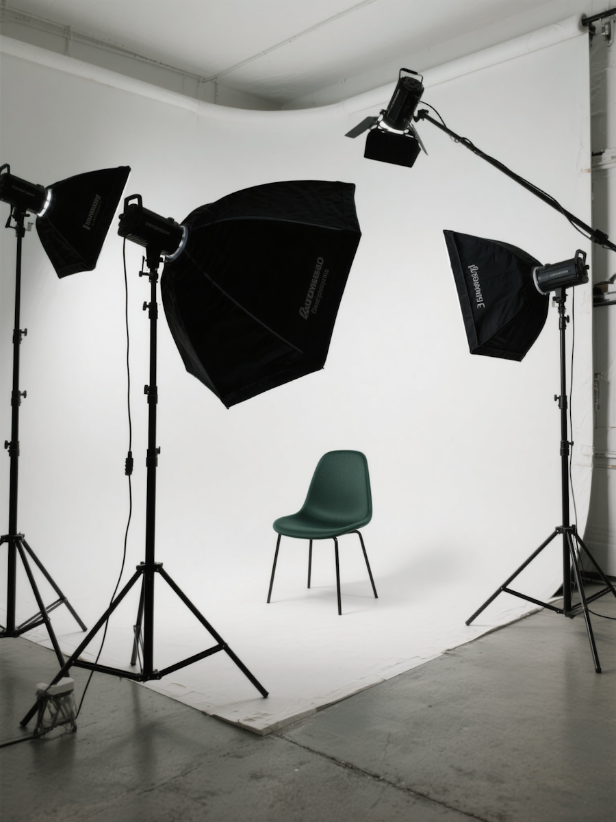 Professional photography studio setup with lighting equipment and backdrops ready