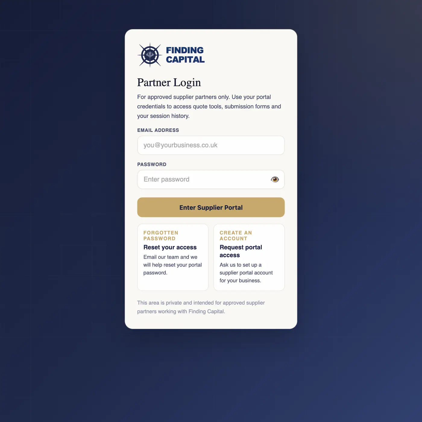 Finding Capital Supplier Portal login showing partner access and portal tools
