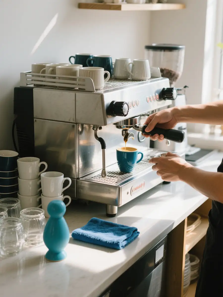 Mobile catering operator preparing drinks during busy takeaway service